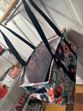 31 Floral Canvas Tote Bag in Teal, Orange & Navy with Black Straps